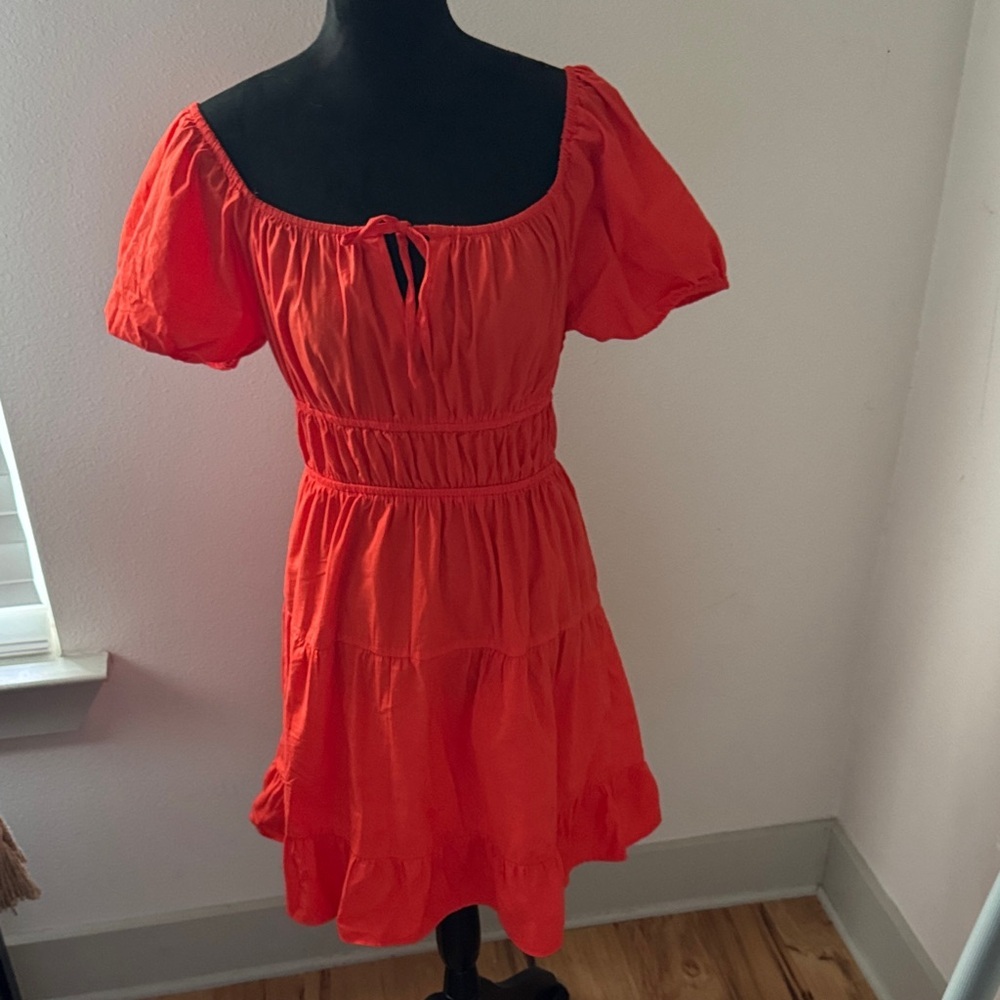Derek Heart puffβ sleeves split collar boho peasant tiered poplin dress Sz S